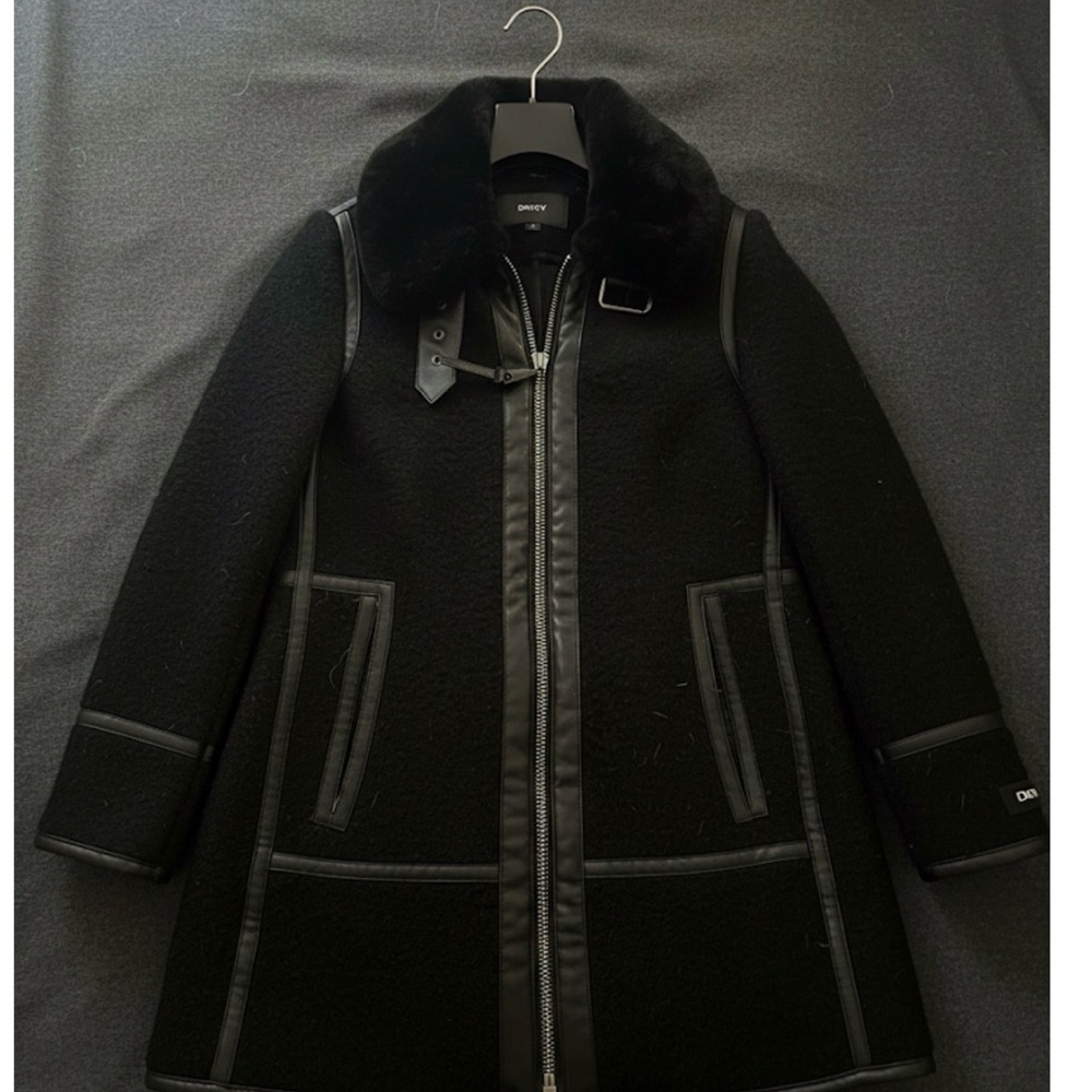 DKNY Black Faux Shearling & Leather Trim Mixed Media Coat - Siz XXS - Picture 3 of 6